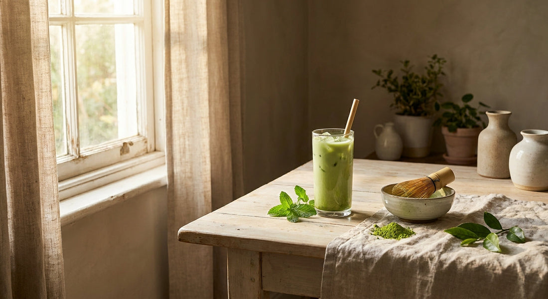 Ledová matcha s bambusovou metličkou a jasně zeleným práškem