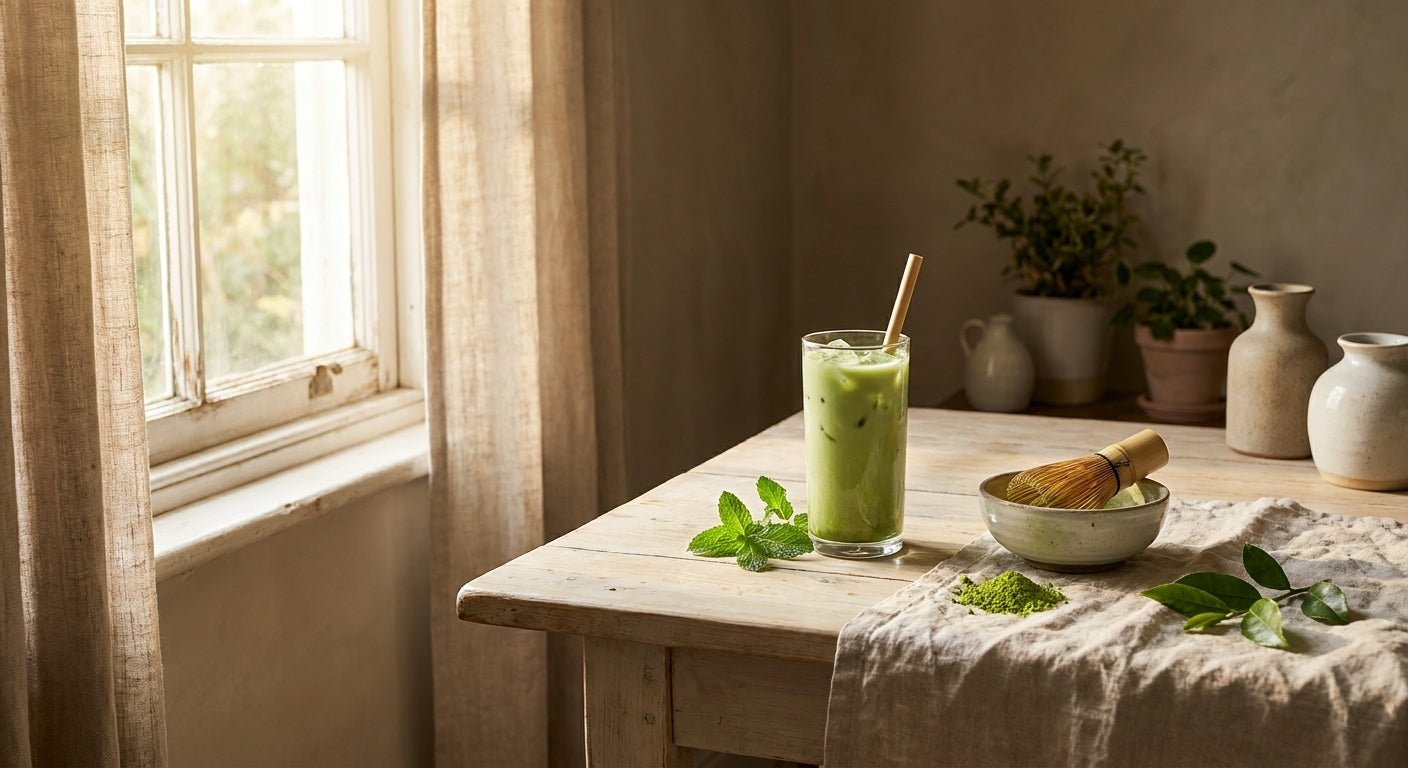 Ledová matcha s bambusovou metličkou a jasně zeleným práškem