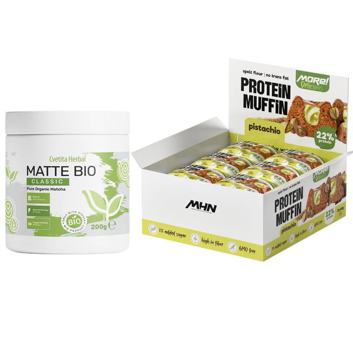 Matte Bio (BIO MATCHA LATTE) + Krabice proteinových muffinů s příchutí pistácie MHN