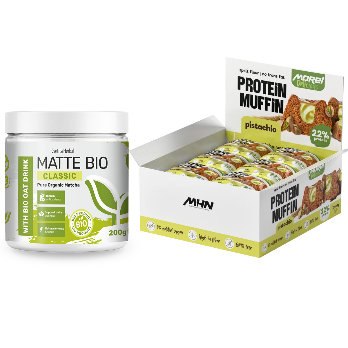 Matte Bio Classic a proteinové muffiny s pistácií MHN - kombo balení